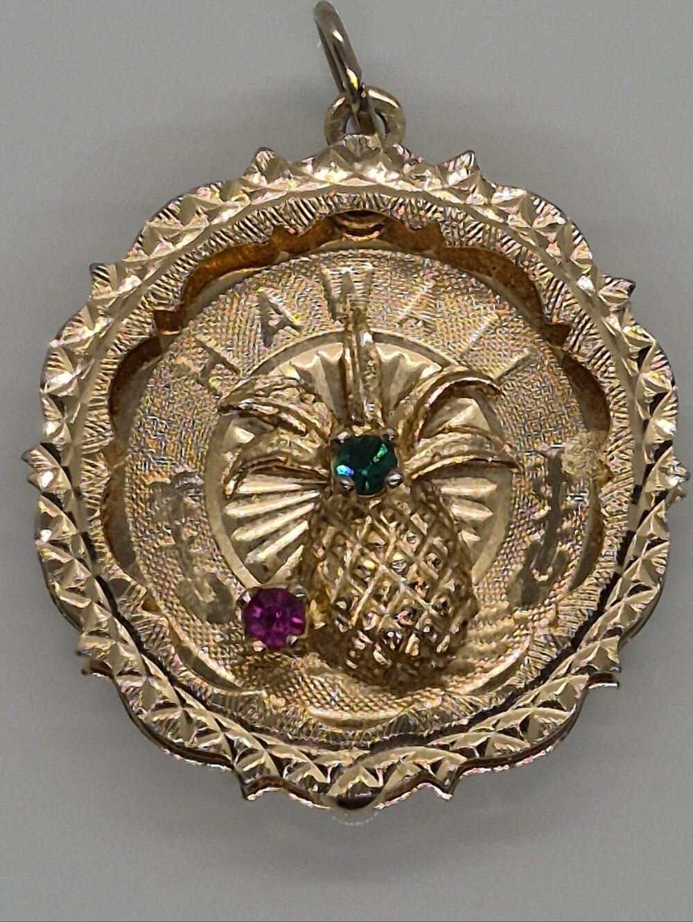 Vintage Hawaiian 12k Gold Filled Pineapple Pendant with Emerald and Ruby